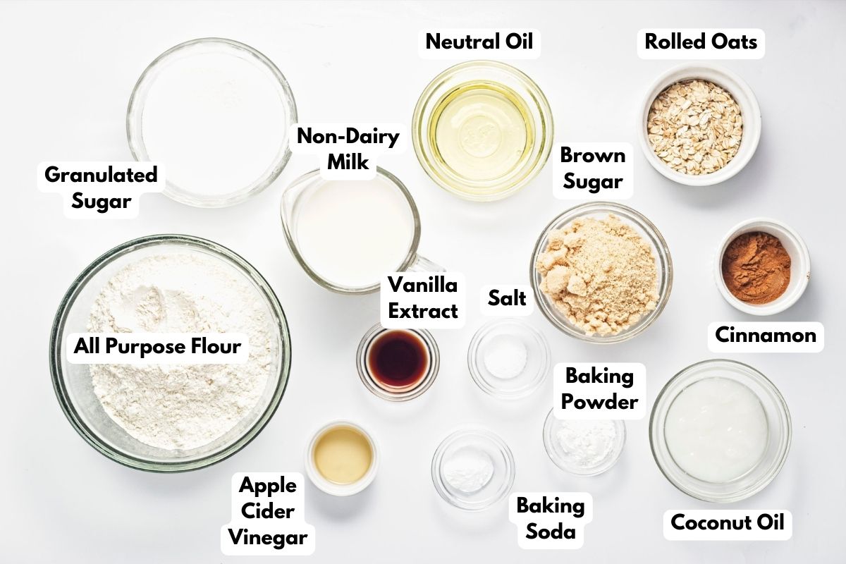 Ingredients to make a vegan coffee cake on a table in bowls. 