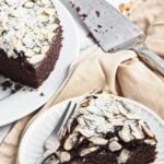 Pin for pinterest graphic with slice of vegan chocolate cake on a plate.