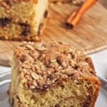 Pinterest graphic with image of vegan coffee cake on a plate and text on top.