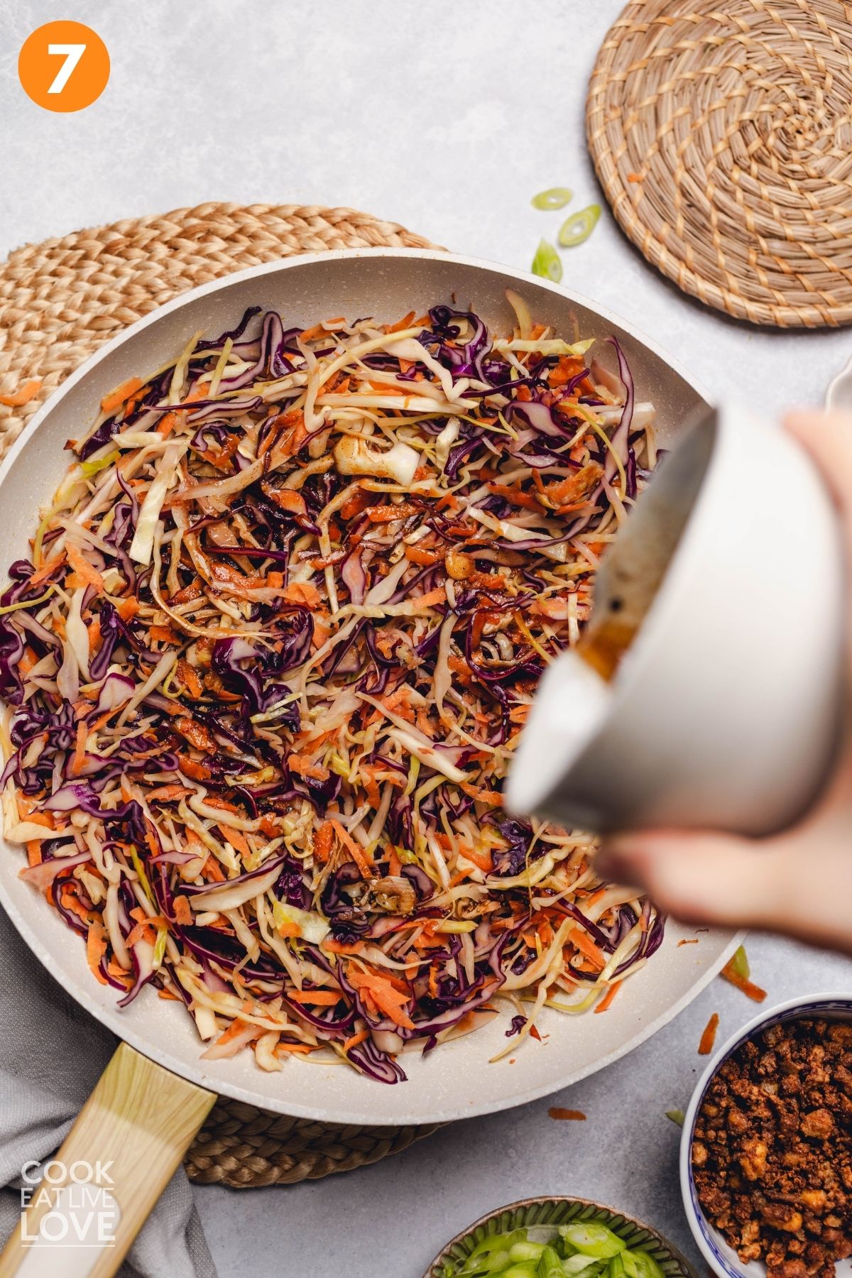 Soy sauce mixture poured into the skillet.