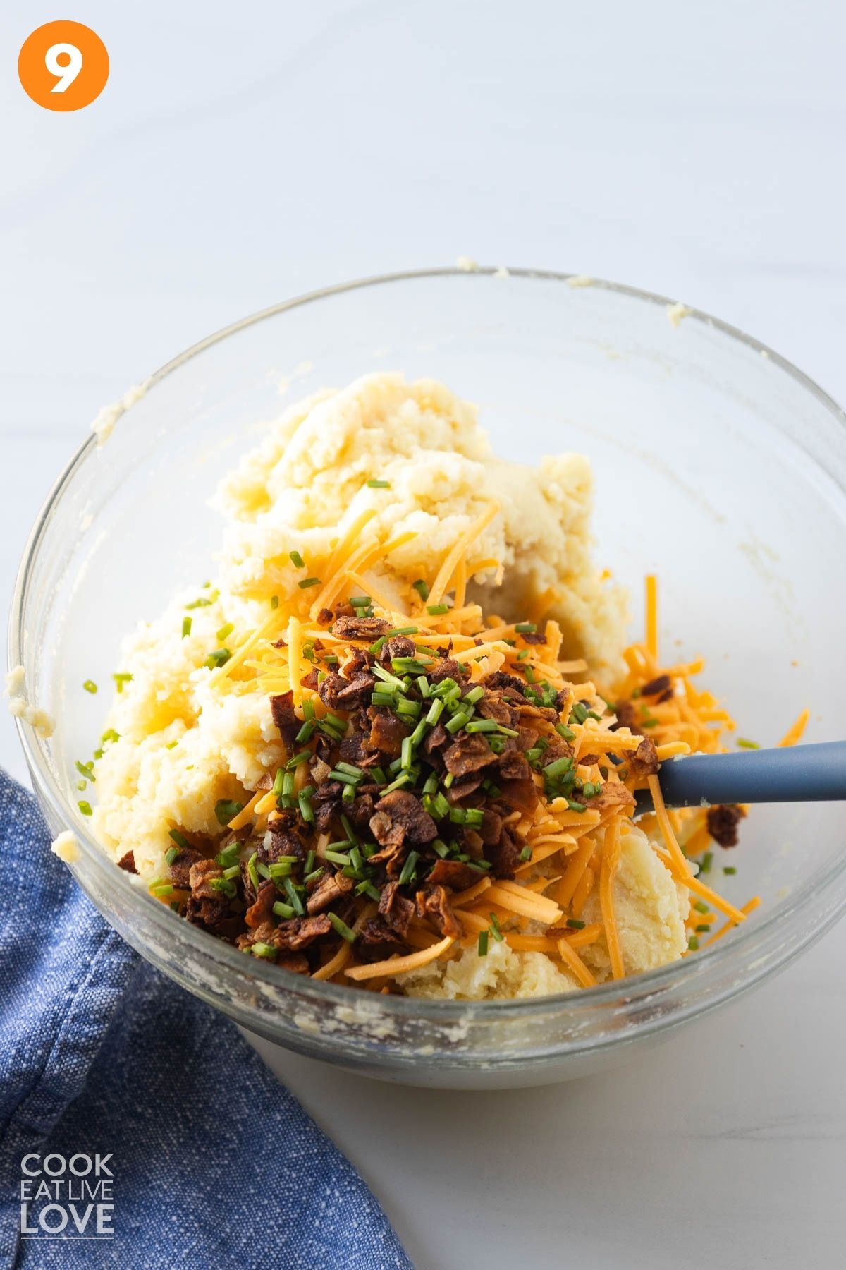 Cheese, chives, and vegan bacon added the twice baked potato filling. 