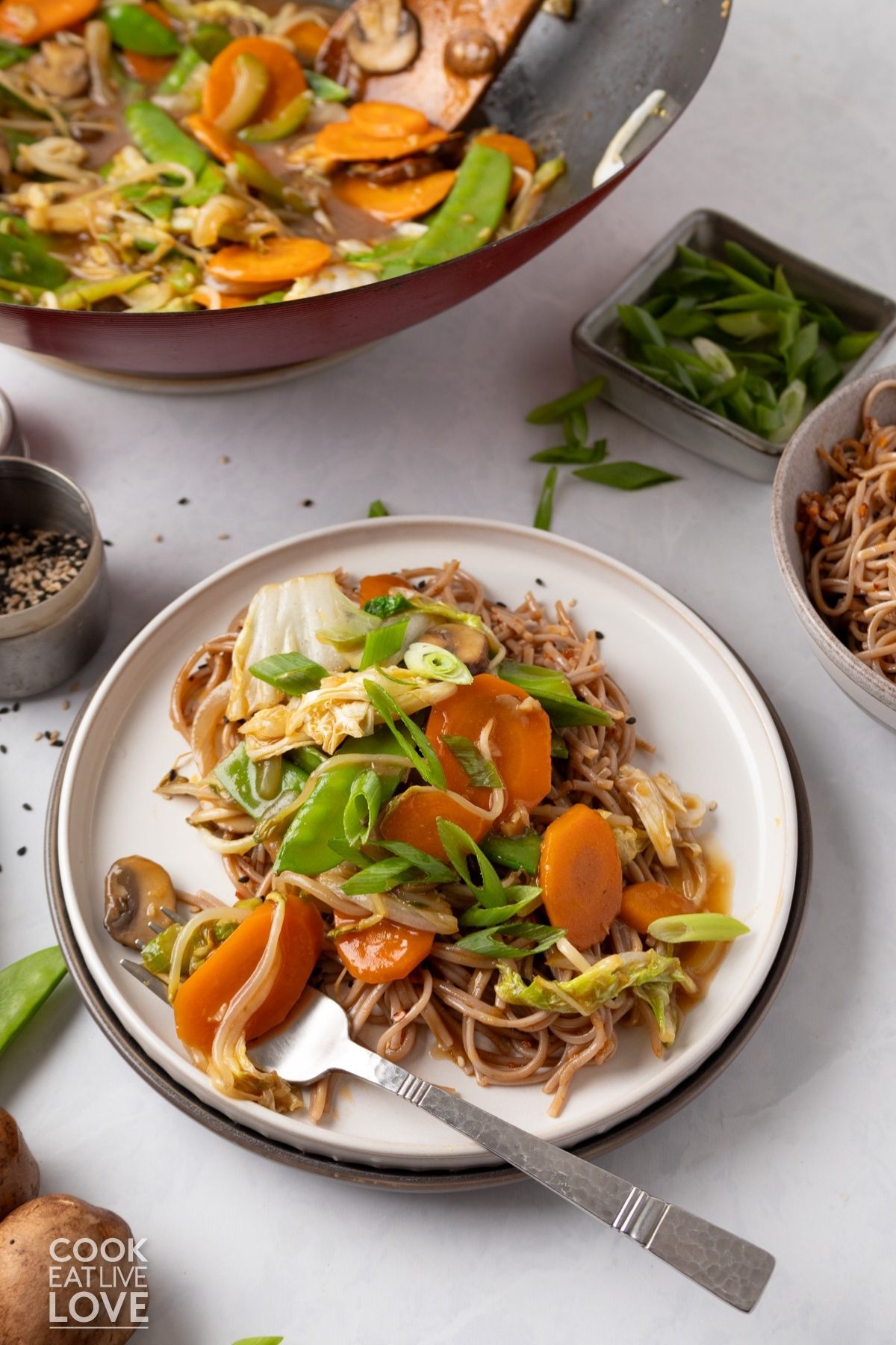 Vegetable chop suey with a fork on the side.
