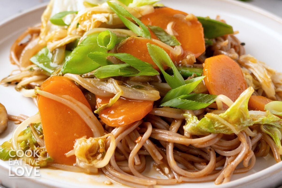 Chop suey with cabbage, snap peas, and carrots.