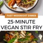 Pinterest graphic with images of vegetable chop suey with text on top.