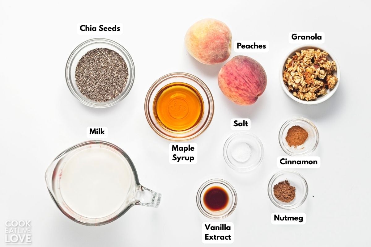 Ingredients to make this peach chia seed pudding on a table.