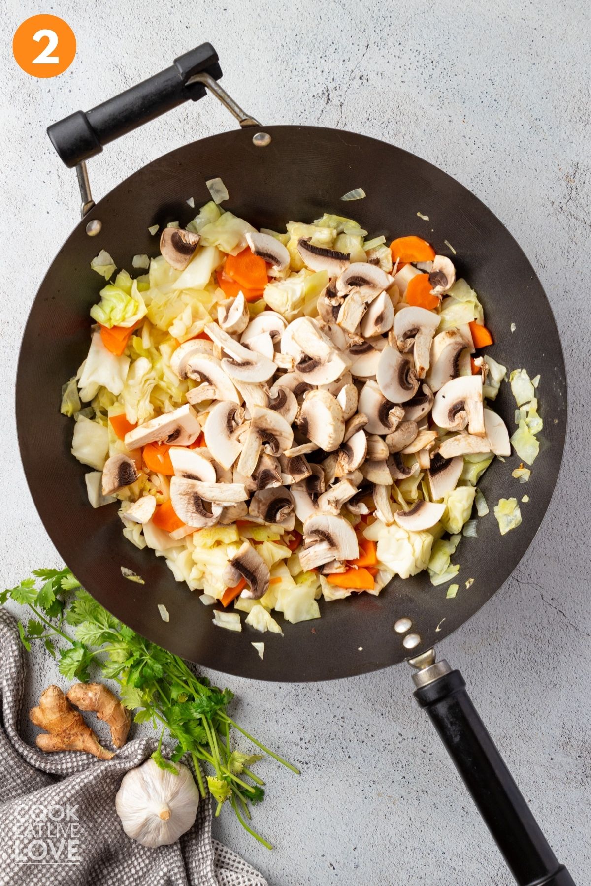 Mushrooms added to the cabbage and carrots.
