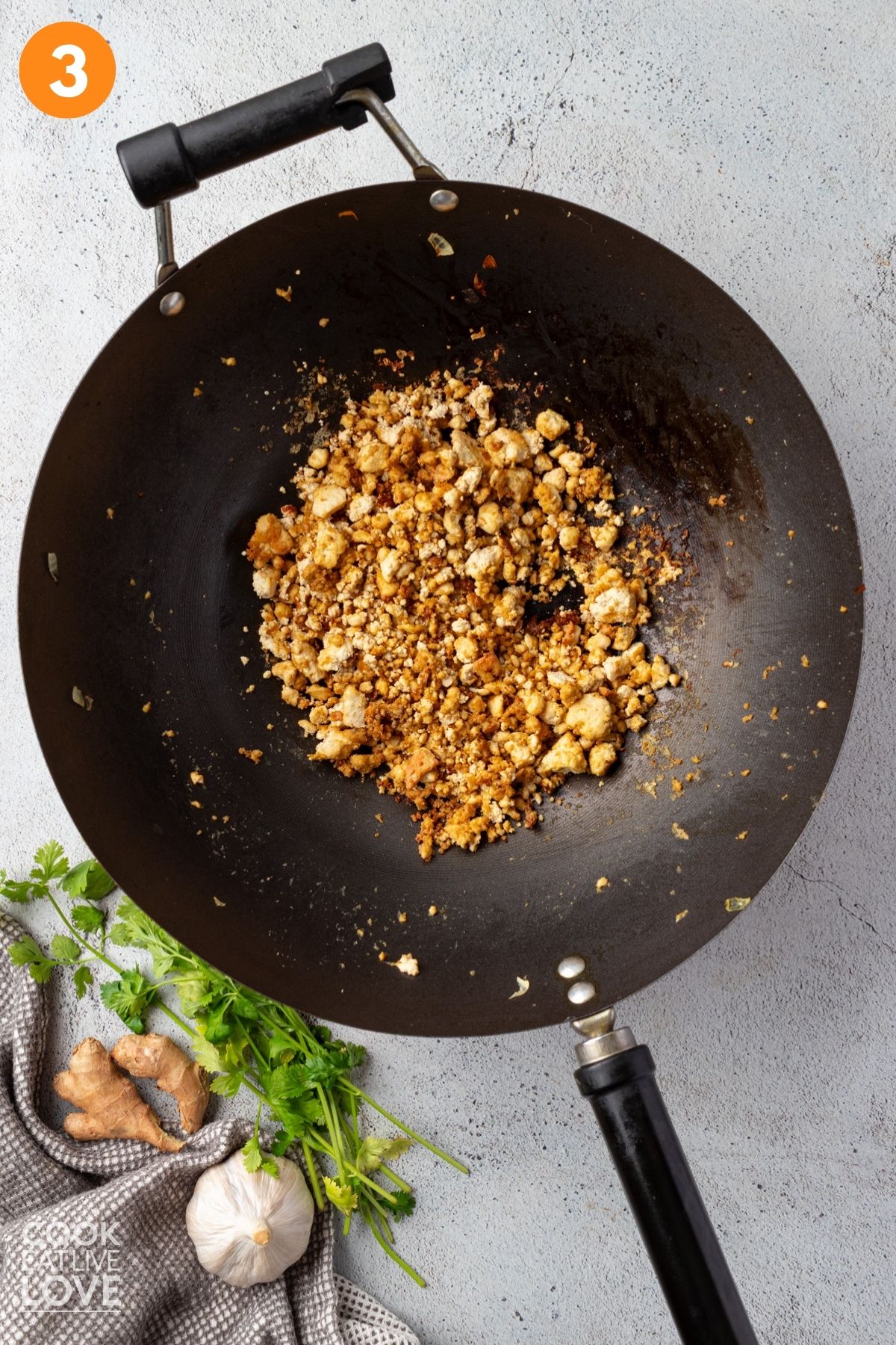 Tofu cooked in the wok.