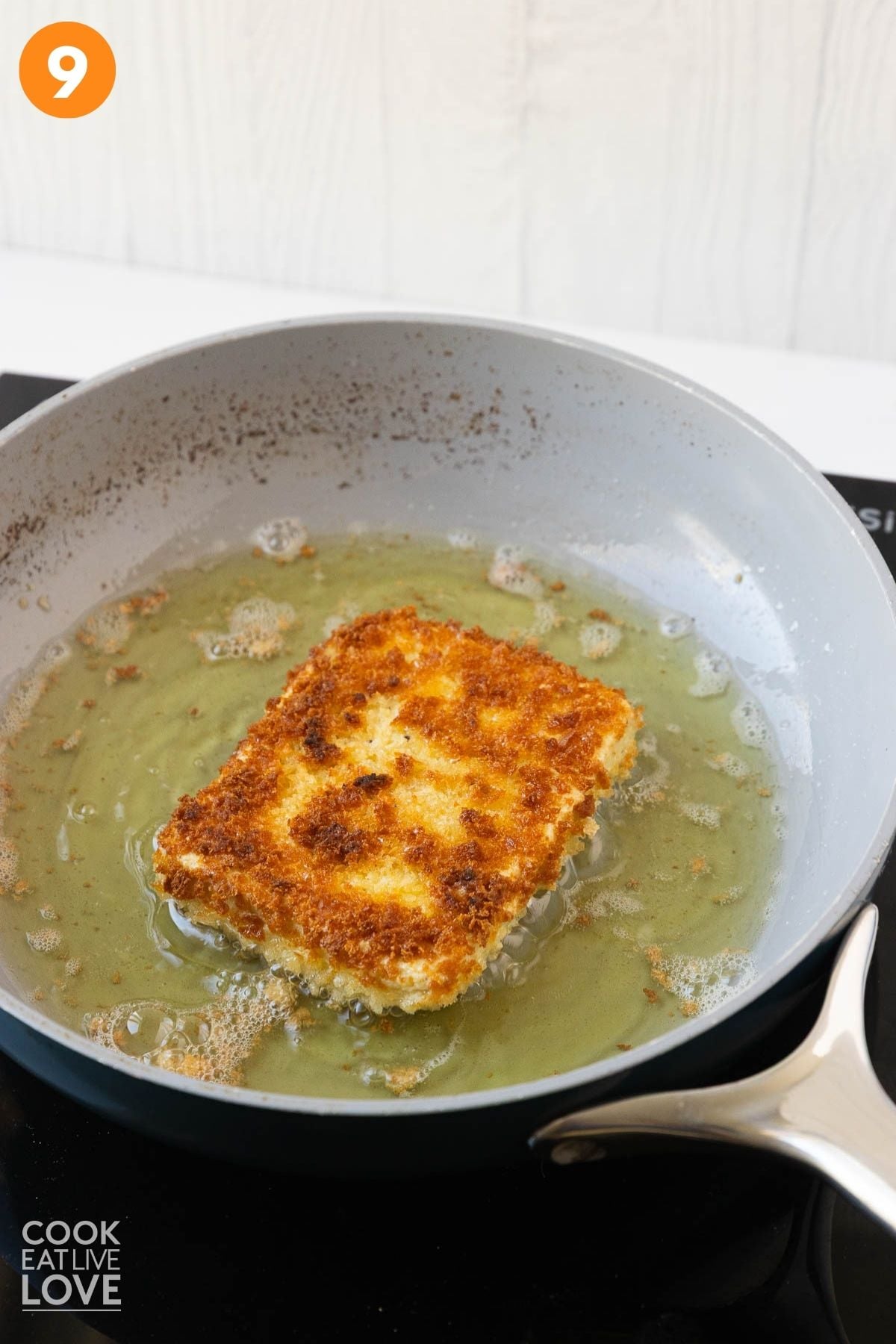 The tofu flipped to cook on the other side.