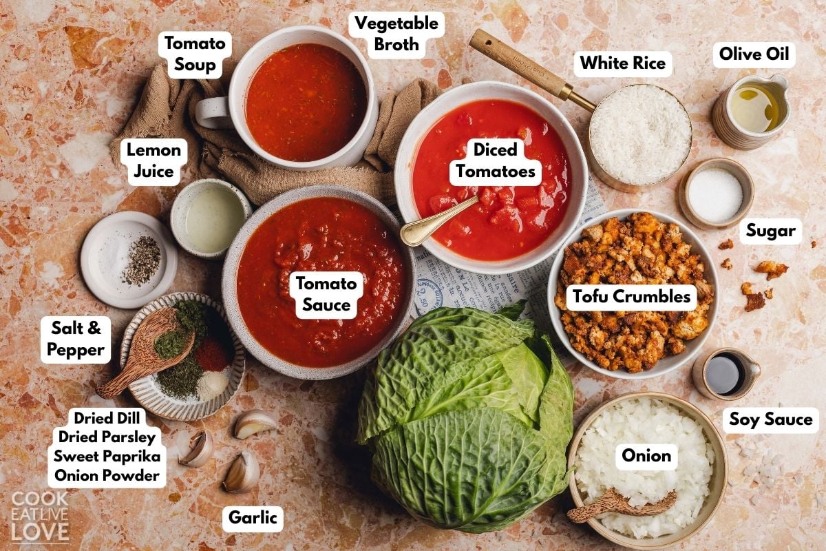 Ingredients to make these vegetable cabbage rolls on a table.