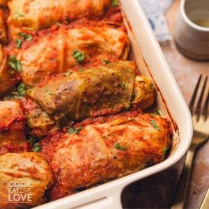 A casserole dish filled with cabbage rolls.