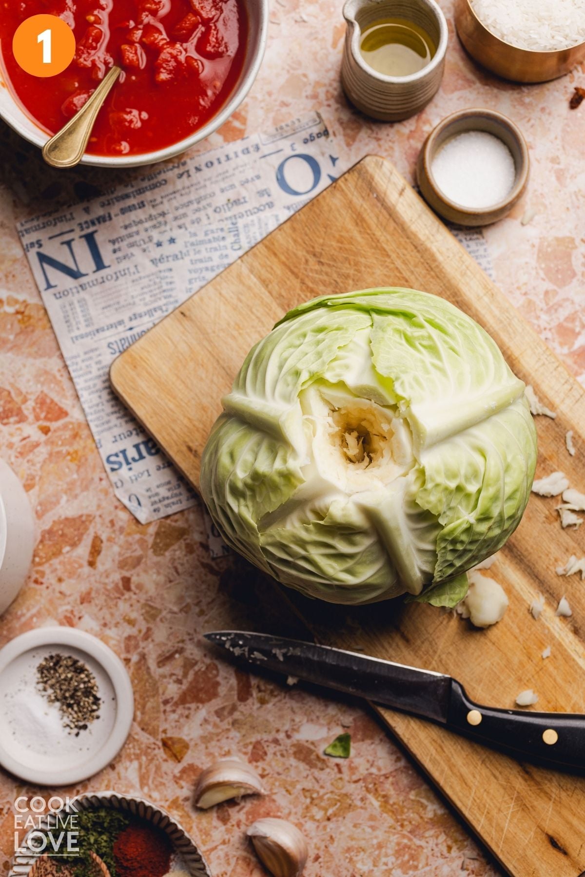 The core removed from the cabbage.