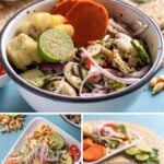 Pinterest graphic with images of vegan ceviche and text on top.