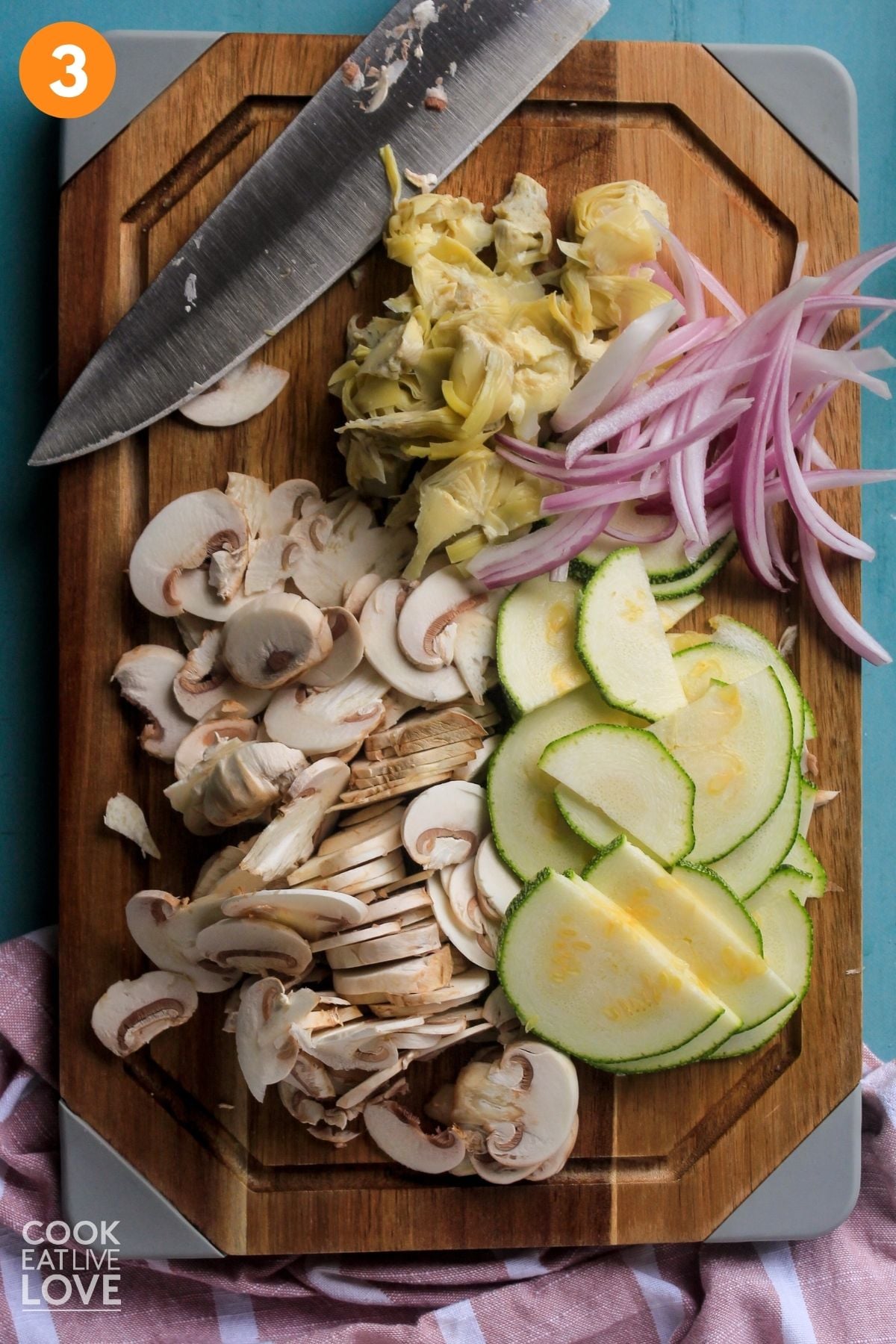 Vegetables for the vegan ceviche sliced on a cutting board. 