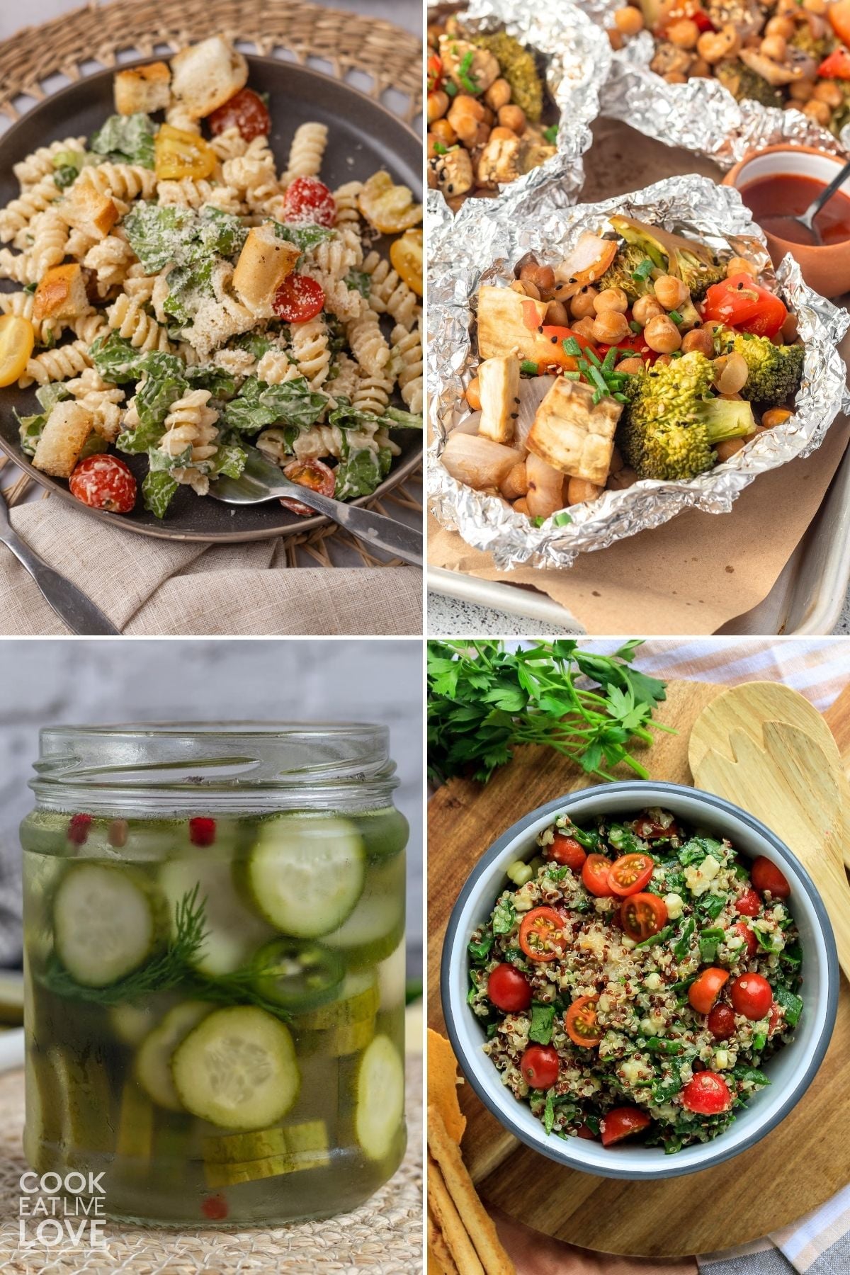 A collage of four cookout sides including pasta salad, pickles, foil packs, and quinoa salad. 
