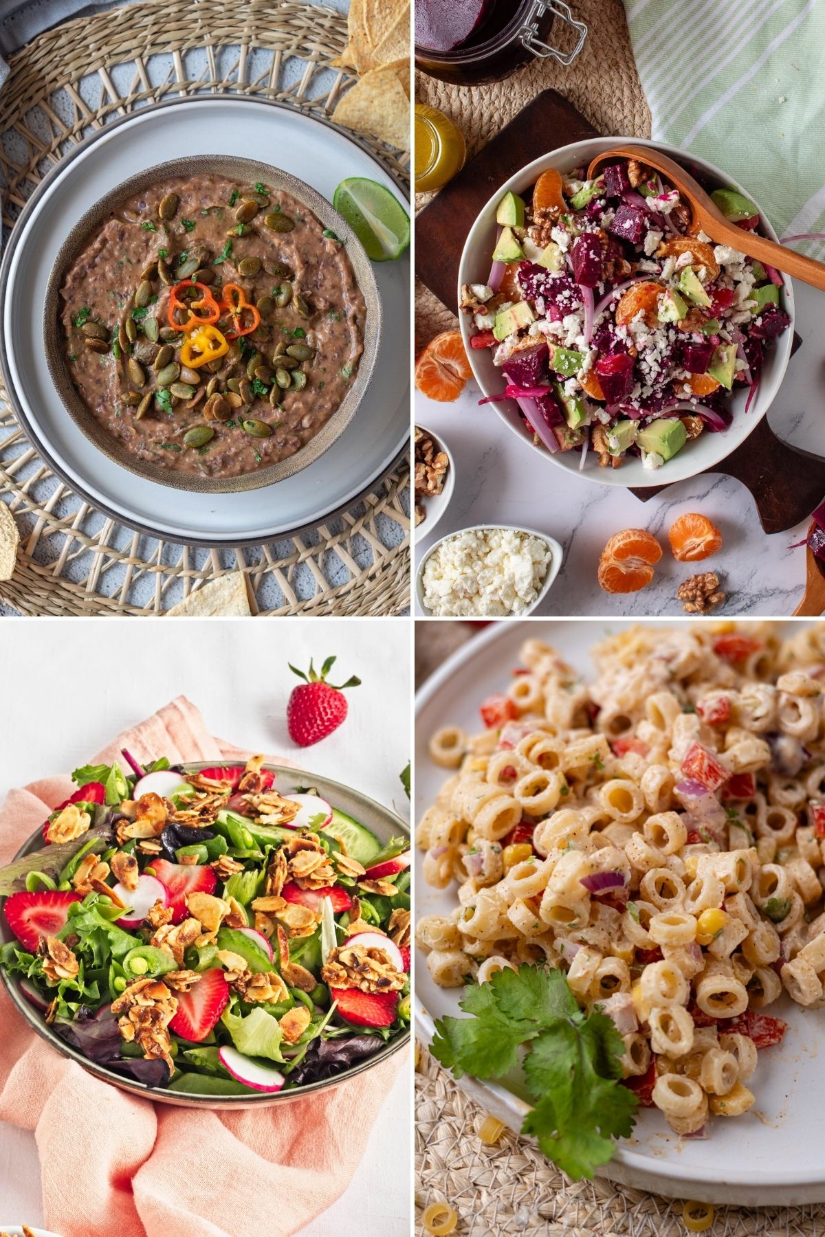 A collage of easy side dishes for a cookout including a bean dip and salads. 