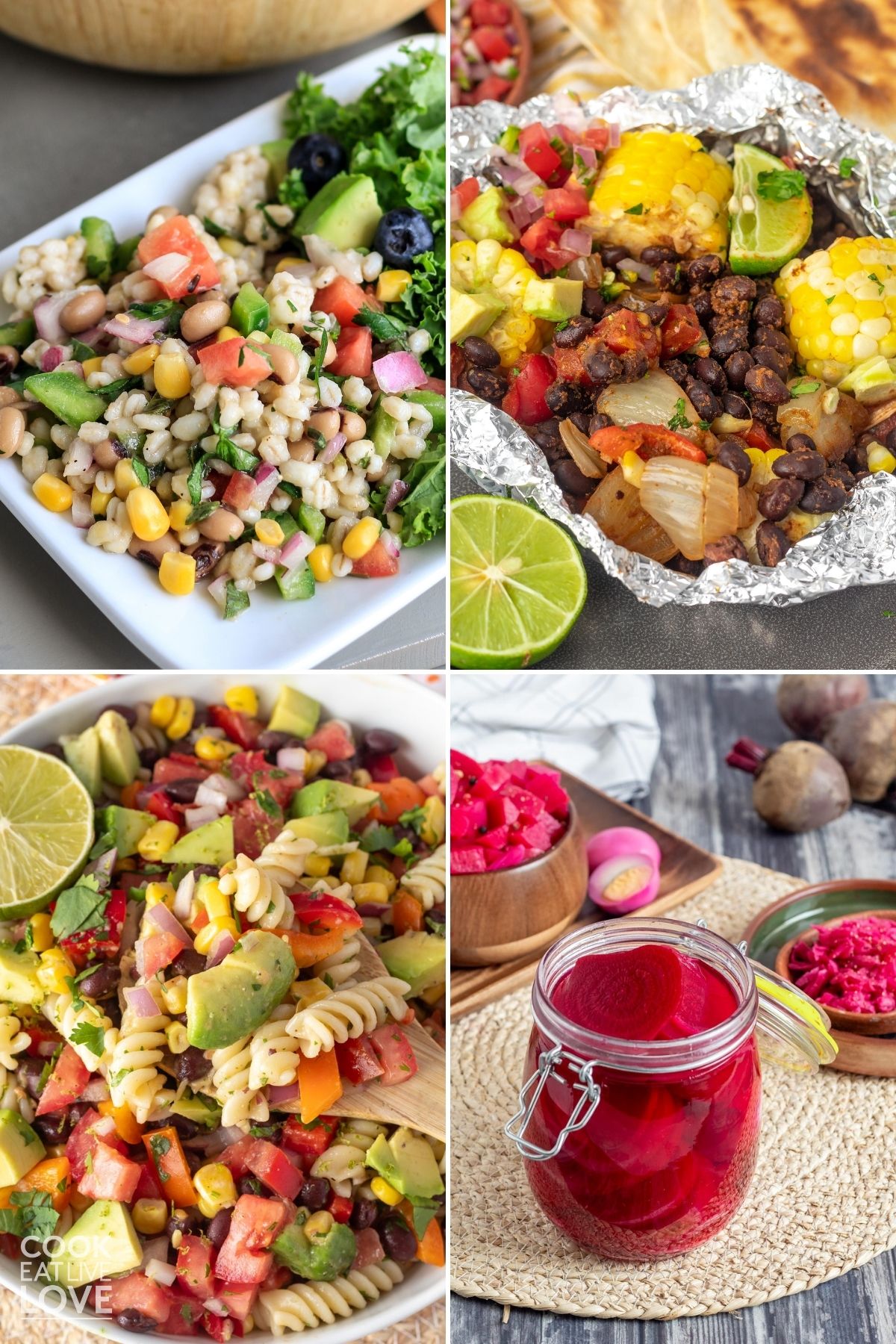 A collage of side dishes for a cookout including salads, foil packs, and pickled beets. 