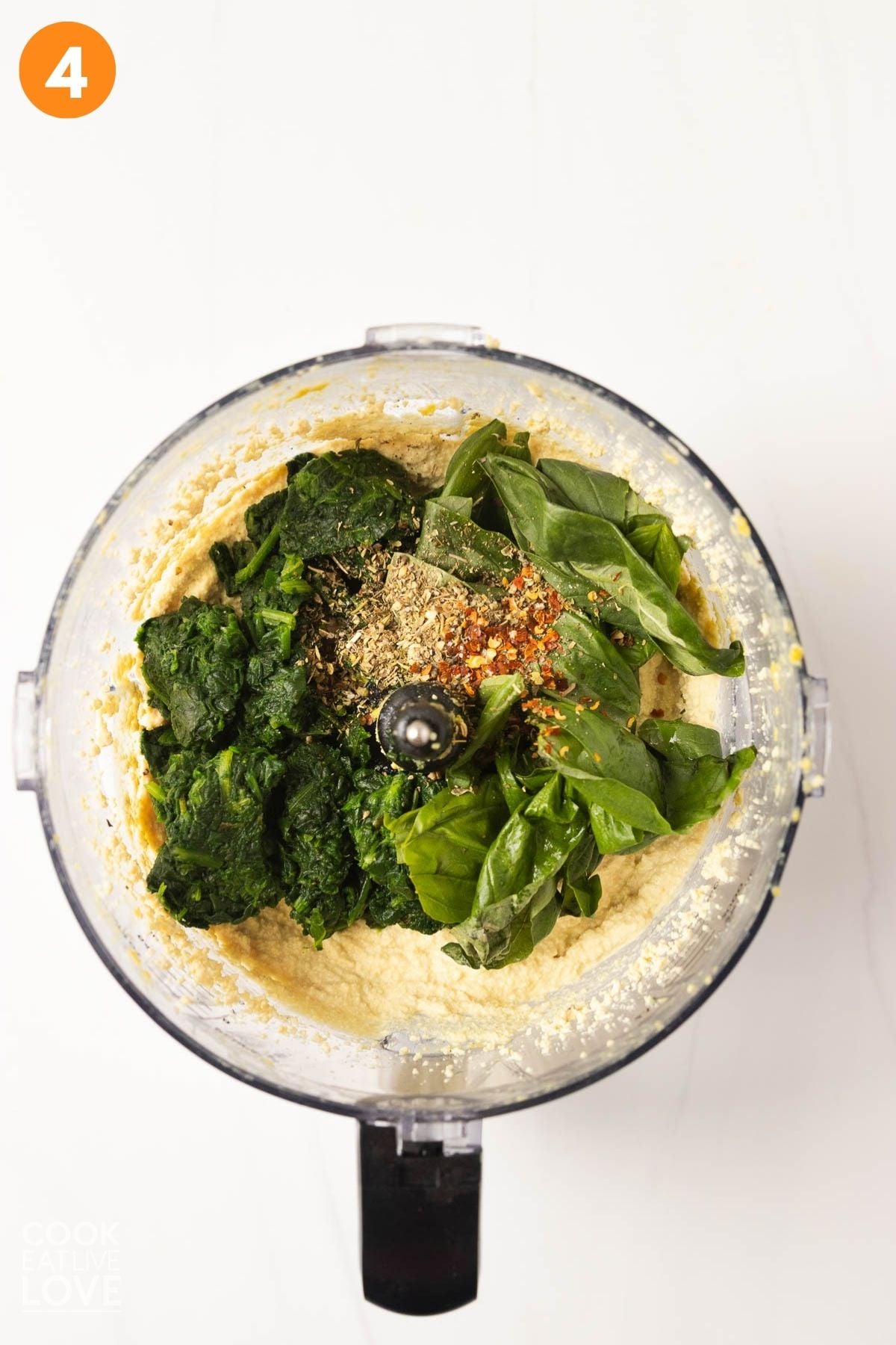 Frozen spinach added to the blended tofu.