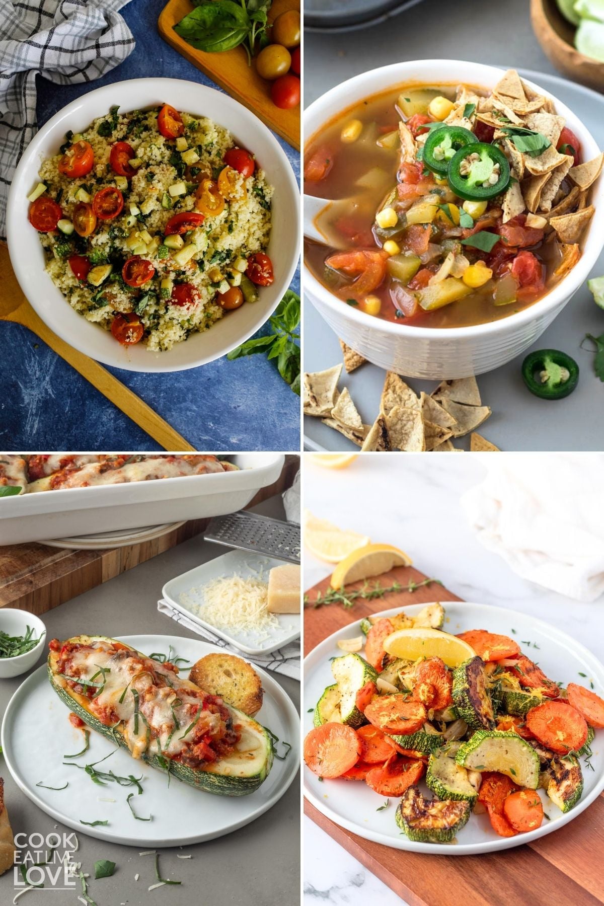Four photos of different vegan and vegetarian zucchini recipes. 