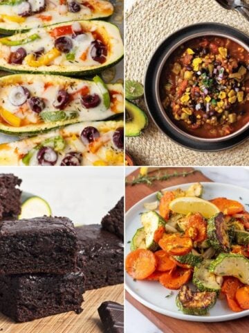 Photo collage of four vegetarian and vegan zucchini recipes for dinner.