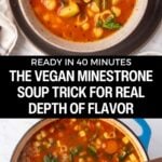 Pinterest graphic with images of vegan minestrone soup and text on top.