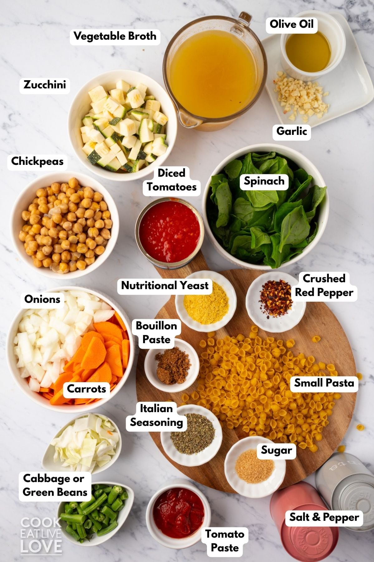 Ingredients to make a vegan minestrone soup on the table. 