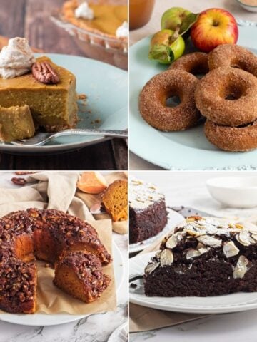 Assorted vegan Thanksgiving desserts including pumpkin pie, apple cider donuts, bundt cake, and chocolate cake.