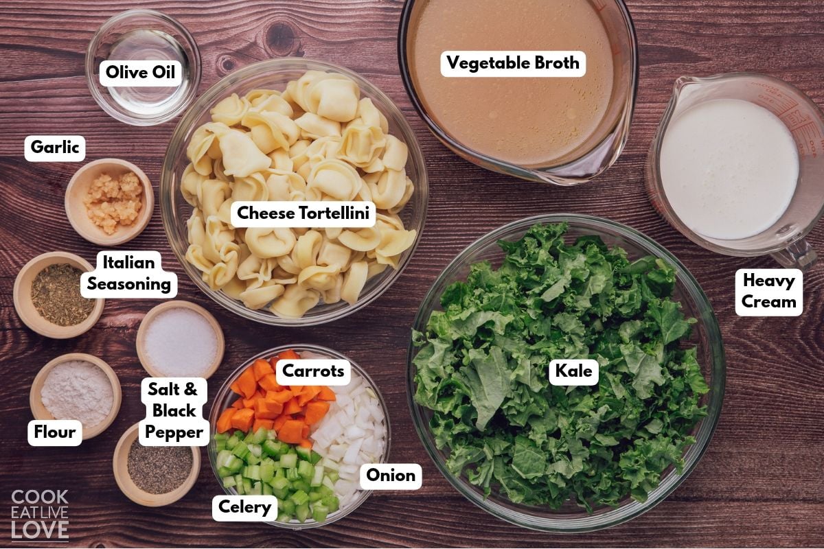 Ingredients to make vegetarian cheese tortellini soup with labels. 